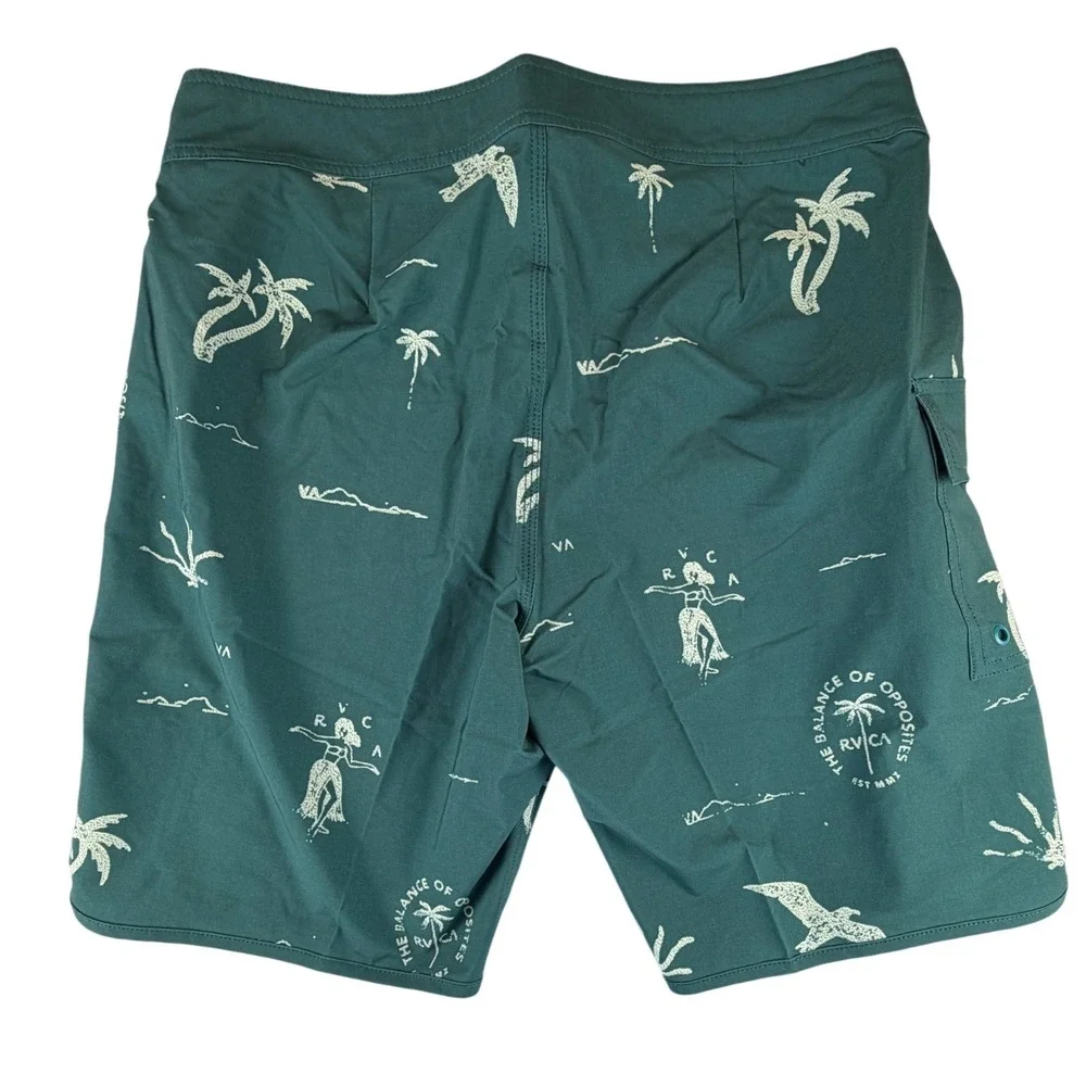 RVCA Mens Board Shorts Size 32 Teal Green Tropical Hula Palm Tree Swim Trunks